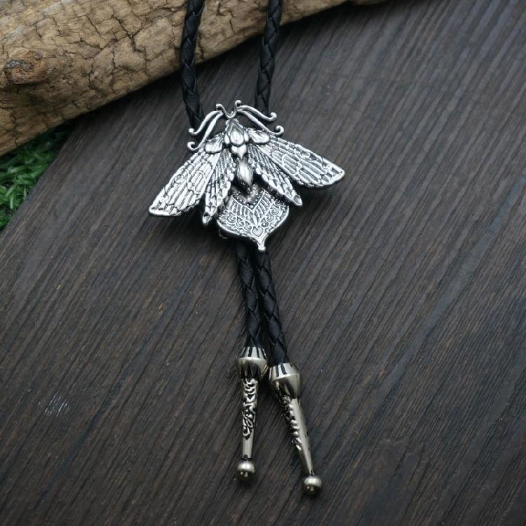 Mens Women American Bolo Tie Western Cowboy Metal Skull Moths Pendant Necklace