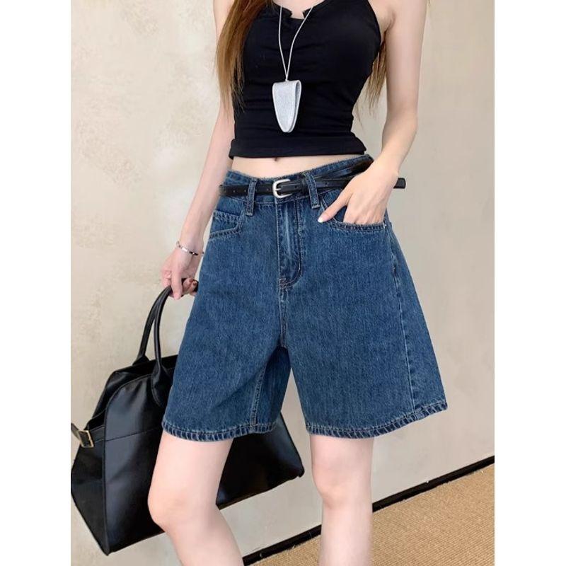 Kumikumi Retro Washed Distressed Jeans Women Summer New Versatile Loose Straight Pants Wide Leg Pants Shorts