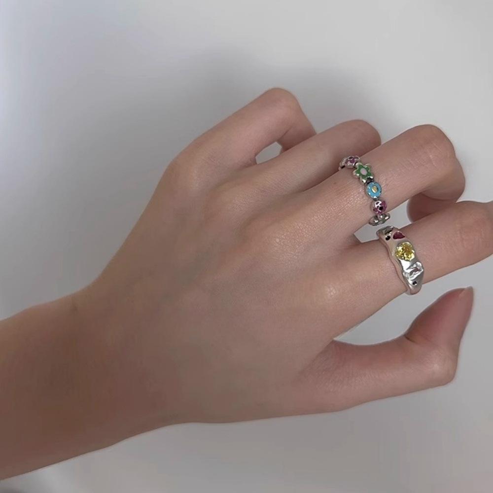 Korean colored flower dripping oil special-shaped love diamond sparkling gemstone ring opening adjustable personalized ring