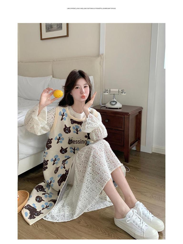 2025 Trendy French Printed Vest & Hollow Long Skirt Set: Sweet, Gentle Two-Piece Dress Suit