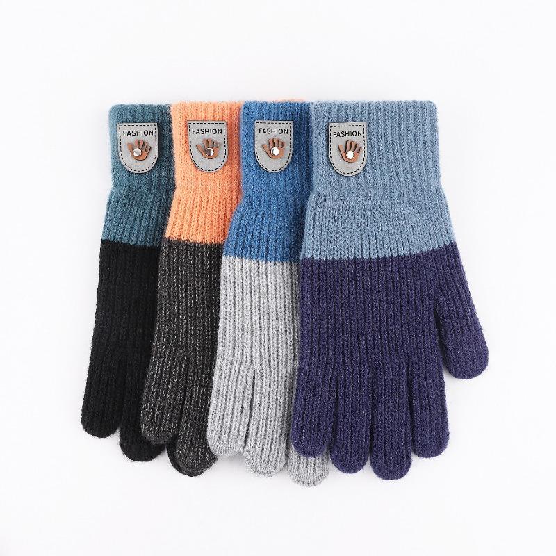 Touch screen gloves color matching dew finger cute knitted wool gloves winter windproof piled thickened warm gloves