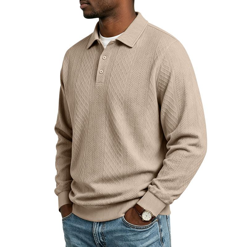 Men’s Heavyweight Jacquard Polo Shirt for Autumn/Winter: Casual Textured Diamond-Patterned Plain Long-Sleeved Crew-Neck Sweatshirt