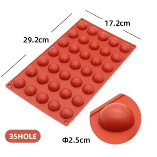 Silikonform, hemisfär, 2,5 cm diameter, ca. 1,5 cm tjock, 35 stycken