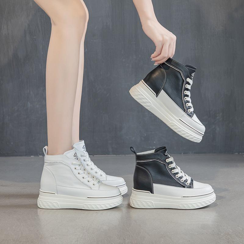 Inner height increase 7 leather little white shoes women, autumn new versatile thick-soled muffin casual shoes autumn models