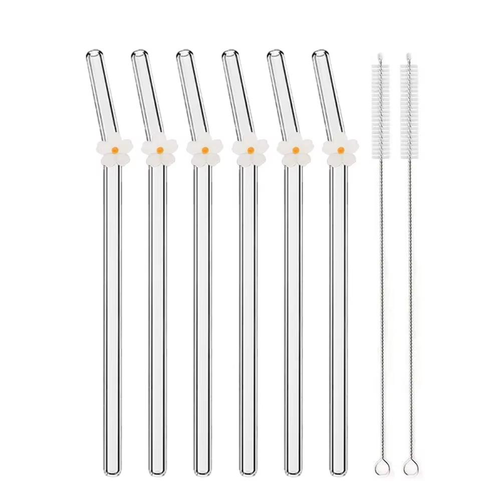 

6Pcs Flower Glass Straws Reusable Clear Straws for Smoothies Cocktails Drinking Eco Friendly Bar Tools Drinkware Straws with 2 Brushes белый