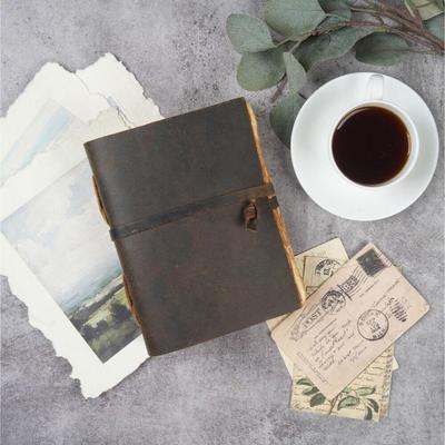 Jurnal din piele antică, maro, A6, - Caiet de schițe din hârtie acuarelă Deckle Edges