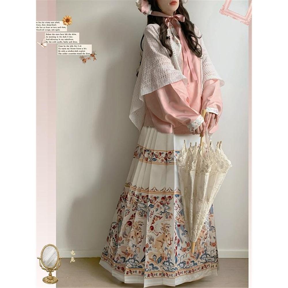 Chinese Ming Dynasty Style Hanfu Cross-collar Short Shirt Pipa Sleeve Horse-face Skirt Mixed And Match Lolita Style Suit