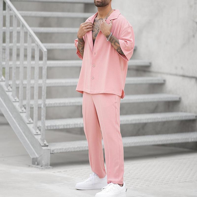 Abiti da uomo in due pezzi alla moda estiva, abbigliamento casual da uomo, manica corta, risvolto, bottone, camicia e pantaloni, set per il tempo libero, abiti da uomo