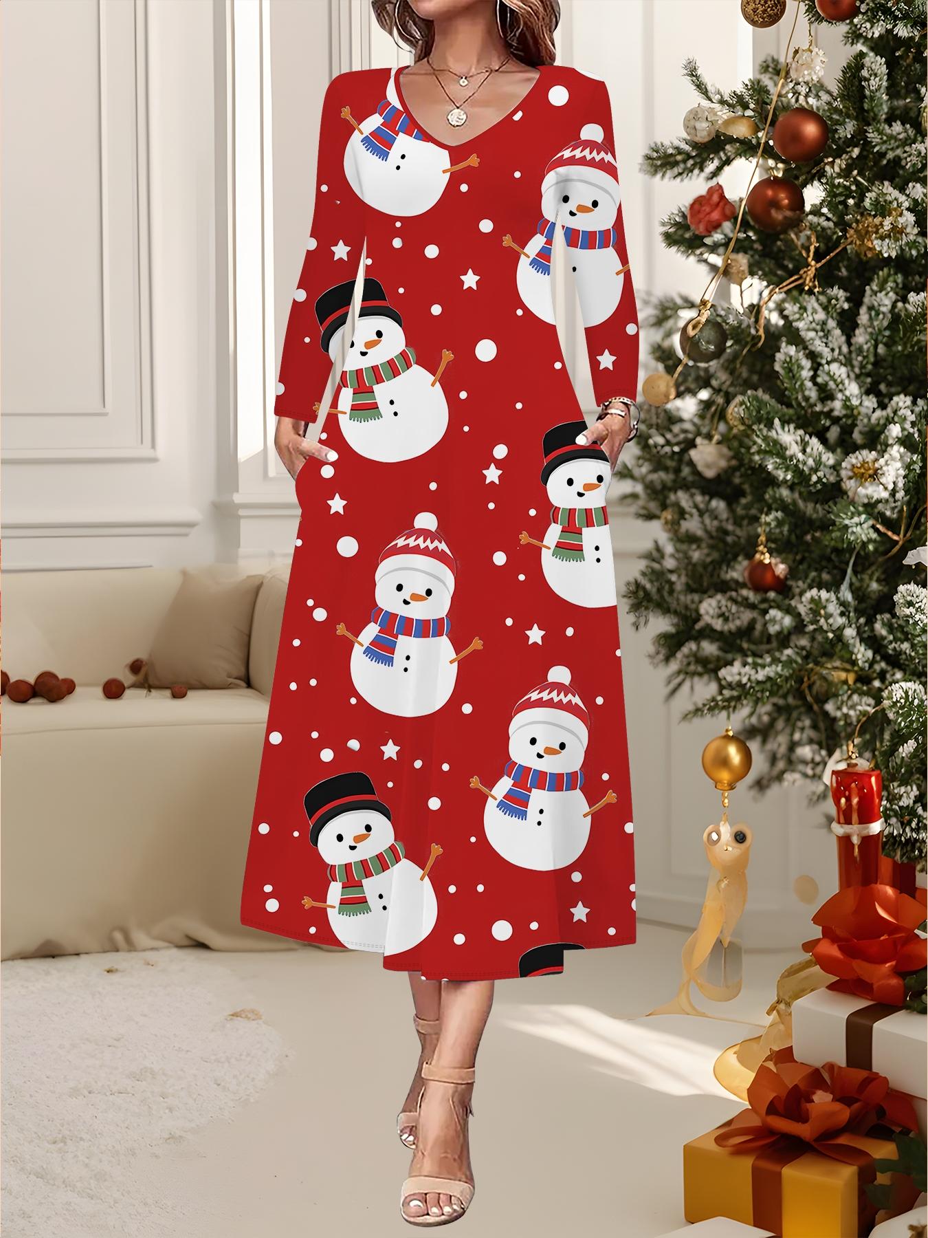 

2025 Осень и Зима Новое Женское Повседневное Модное Платье Принт 3D Снежинки Длинный Рукав V-образный Вырез А-силуэт Рождественский Подарок XXL красный