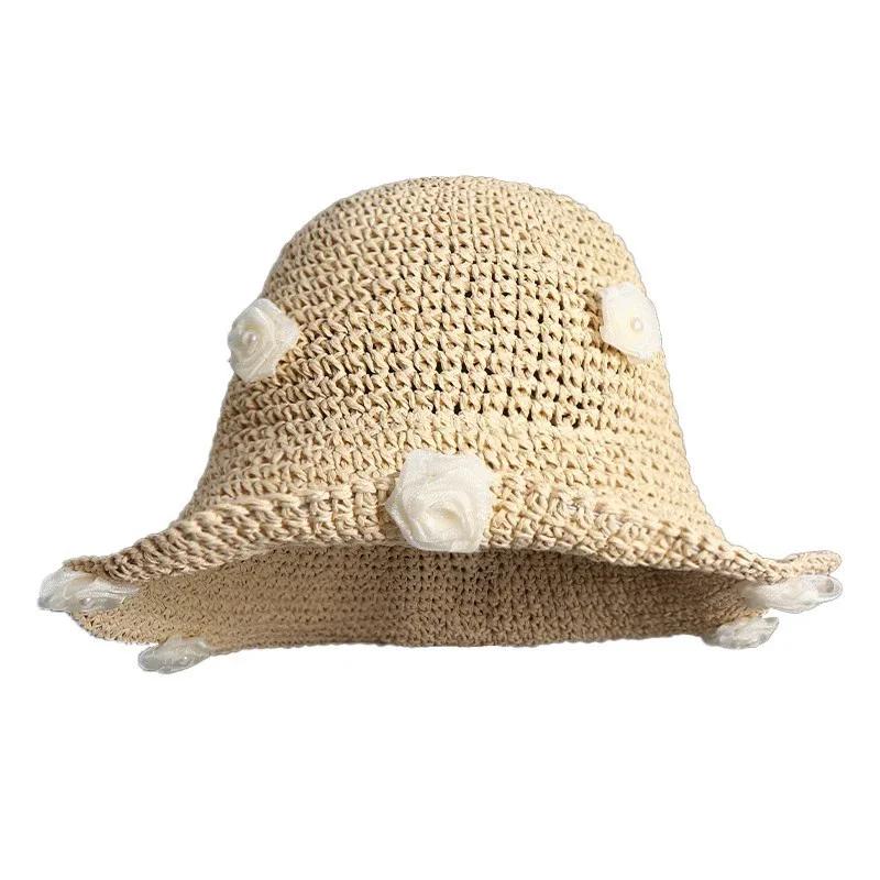 

Summer Sun Hat Straw Crochet Bucket Hats Women S Foldable Panama Cap Uv Sun Caps Boho Lace Flower Fishinghat Vacation Beach Hat
