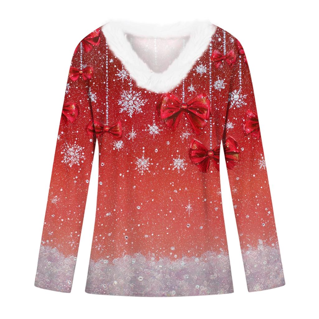 Christmas Day Girls Long Sleeve T Shirts Kids  Girls' V-Neck Tee Christmas Print Long Sleeve Top