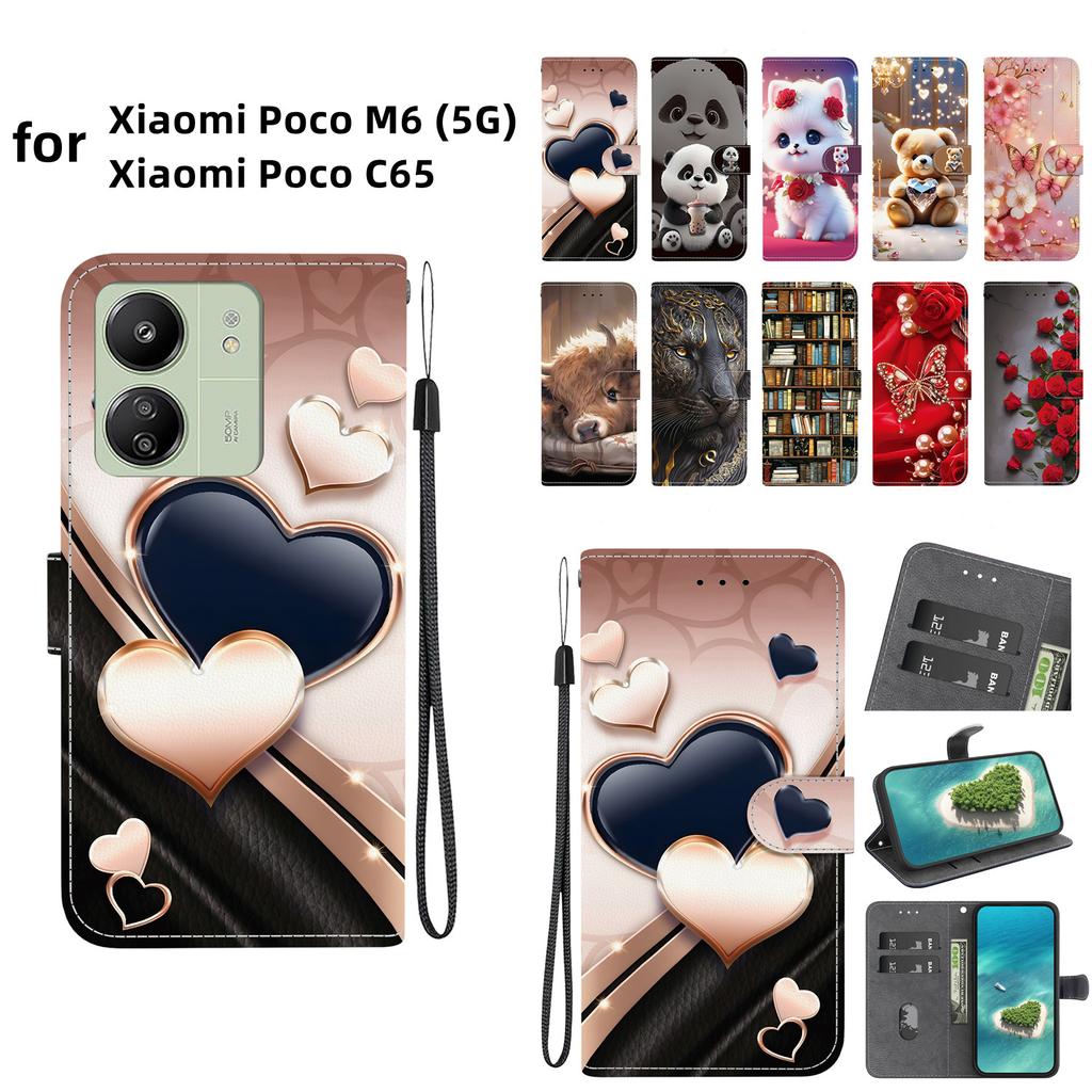 Handgefertigte PU Leder Klapphülle für Xiaomi Poco C65 / Xiaomi Poco M6 (5G) Rutschfeste Stoßfeste Hülle mit Handschlaufe & Herz/Rose Katze Designs