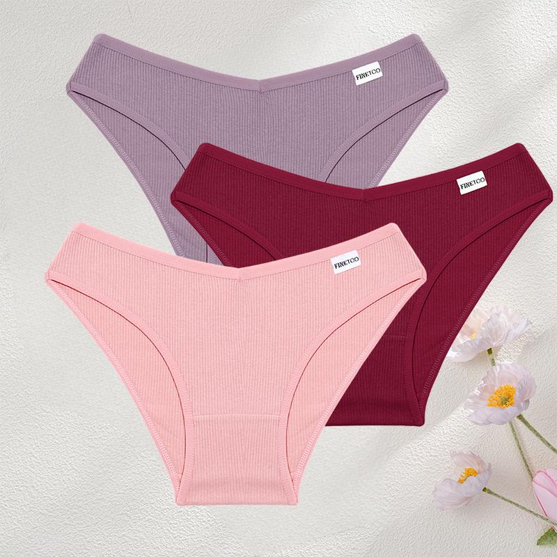 FINETOO 3Pcs/Set Sexy Low Waist Cotton Panties M-3XL Ribbed Breathable Briefs Underwear for Women Gym Fitness Casual Lingerie