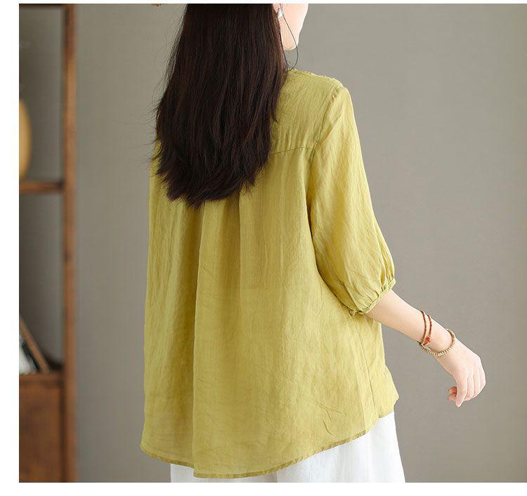 Women's Summer 2024 V-Neck Embroidered Three-Quarter Sleeve Cotton Linen Shirt