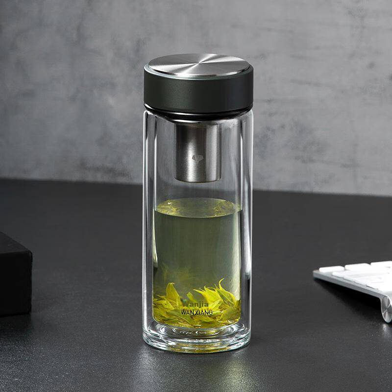 WANXIANG Double-Layer Heat-Resistant Glass Cup with Filter Mesh, Business Office Holiday Gift, Large Capacity Black-Green Portable Car Tea Cup