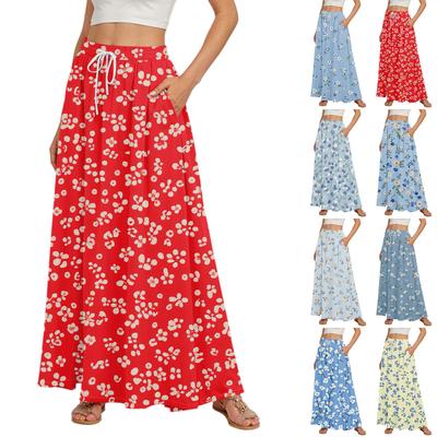 Women's Flowy Flared Ruffle Hem A Line Maxi Skirts Elastic Waist Elegant Tiered Layer Boho Long Skirts