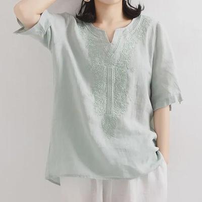 Estate 2024 Camicia da Donna a Maniche Corte Larghe Retrò con Scollo a V in Cotone e Lino Tinta Unita