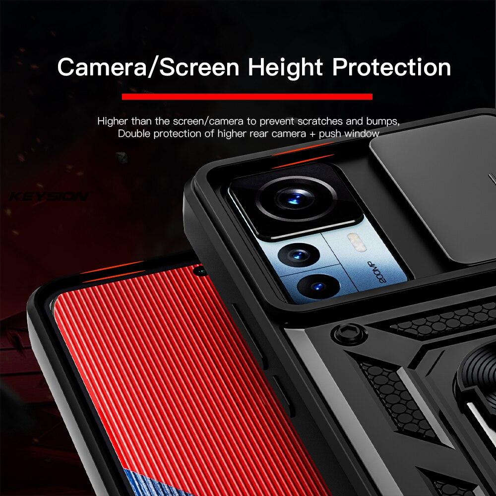 KEYSION Shockproof Case for Xiaomi 12T Pro 5G Push Pull Camera Protection Ring Stand Phone Cover for Redmi K50 Ultra