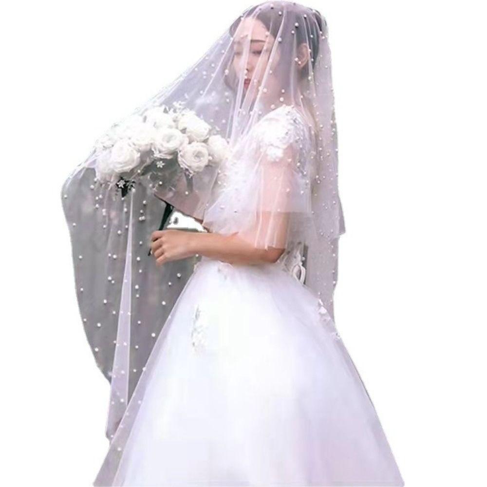 Elegant Wedding Veil White Cathedral Veil Bridal Accessory Pearls Veil  Wedding Ceremony