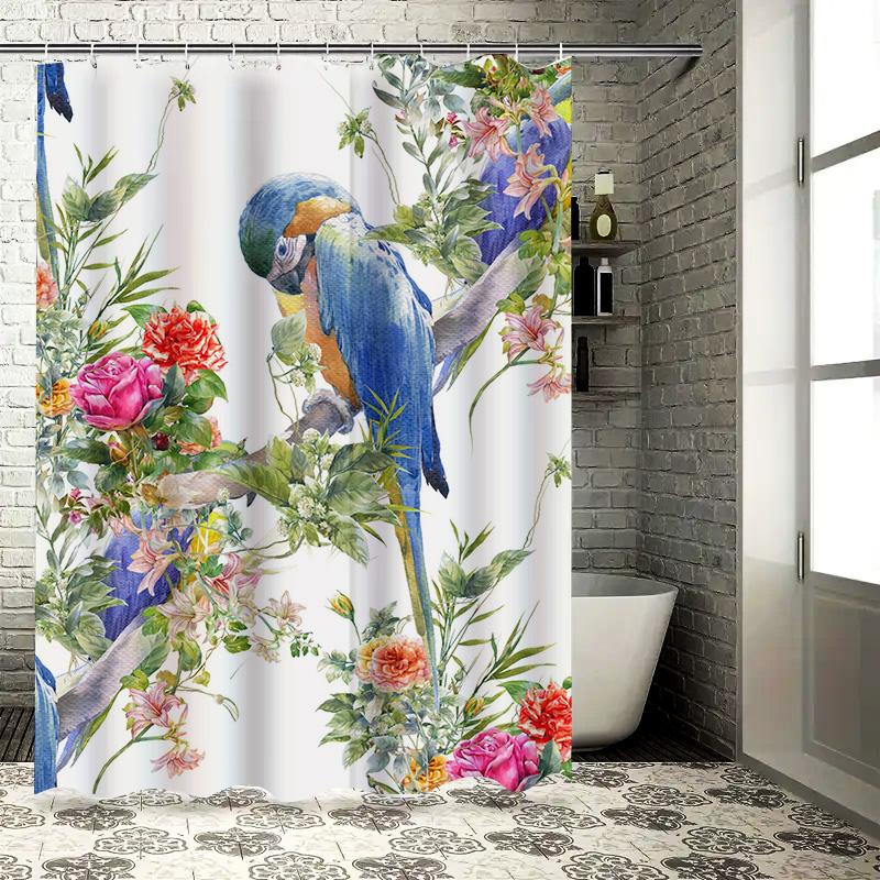 Parrot Bath Shower Curtain Print Home Decor Waterproof Fabric Shower Panels for Bathroom Decoration Blue Parrot Flowers Design