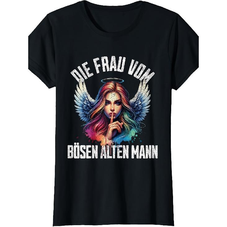 Women's Black Short Sleeve T-Shirt with Angel Graphic & German Text, Soft Cotton Feel, Crew Neck, Relaxed Fit for Casual Daily Wear
