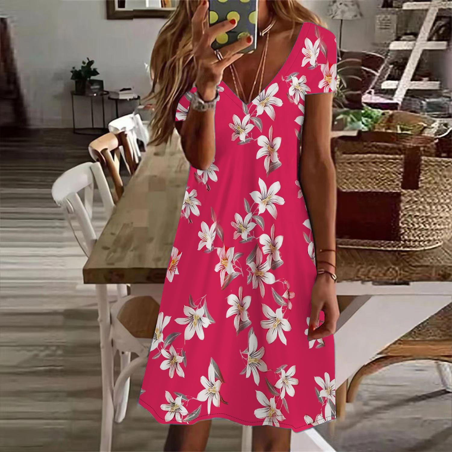 

Летняя мода женское платье с V-образным вырезом и коротким рукавом с розовым цветочным принтом сексуальное платье L