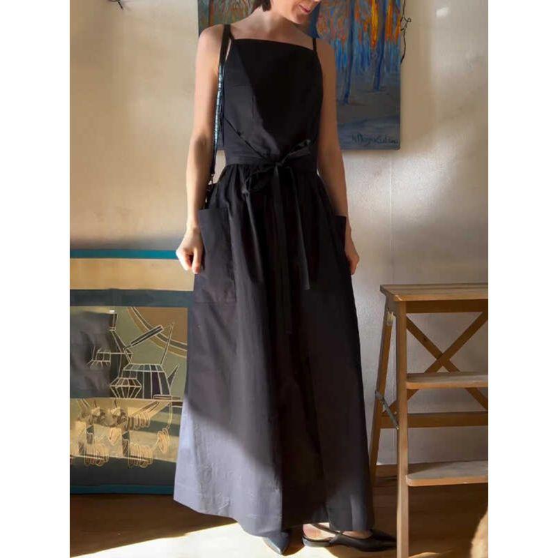 American Foreign Trade Women clothes Cross-Border Summer Sling Square Collar Temperament Waist Hugging Slimming Simple Style Solid Strap Long dress