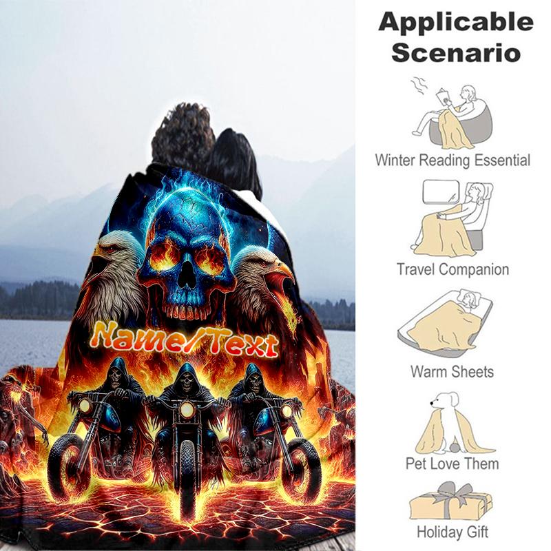1PC Custom Name Biker Spirit Fire Skull flannel blanket versatile,all-season throw suitable for the living room,bedroom,camping,travel,and gift