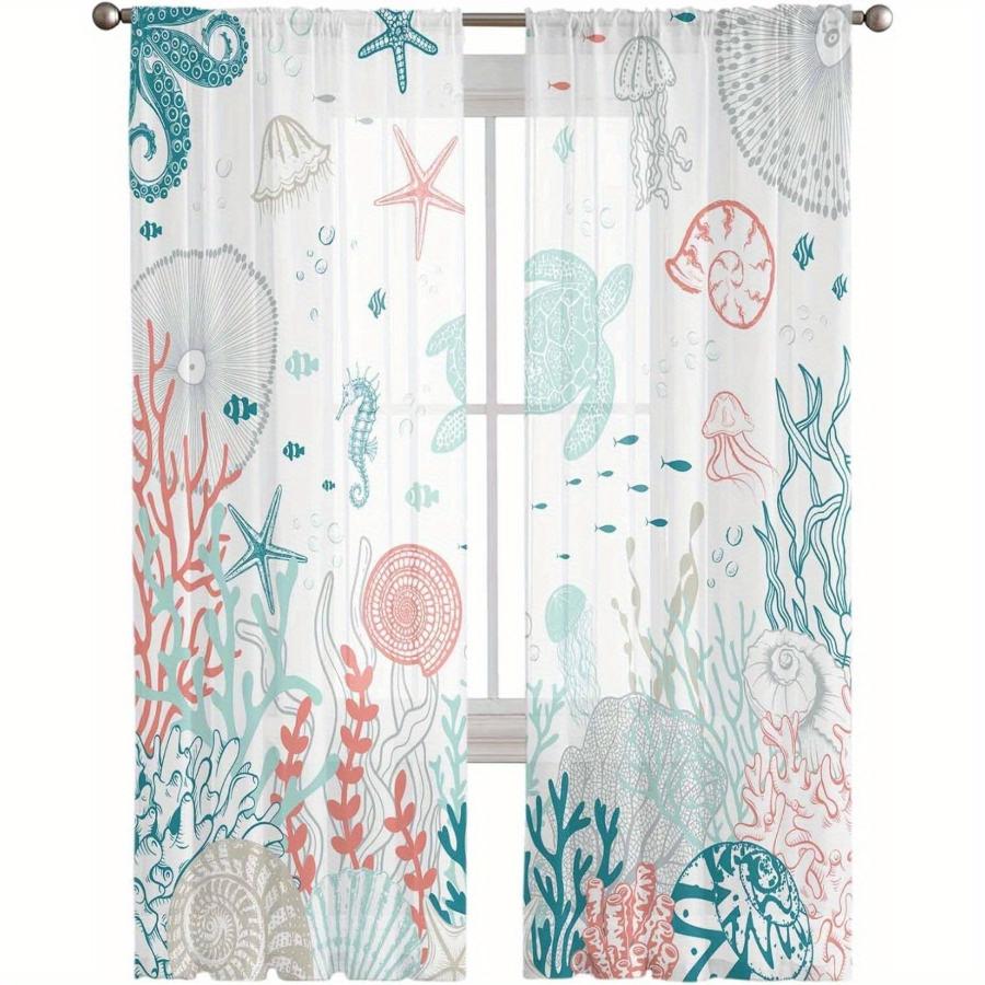 2PCS Digital Printed Sheer Curtain, Summer Ocean Sea Theme, Coastal Beach Nautical Vacation for Living Room Bedroom Home Decor