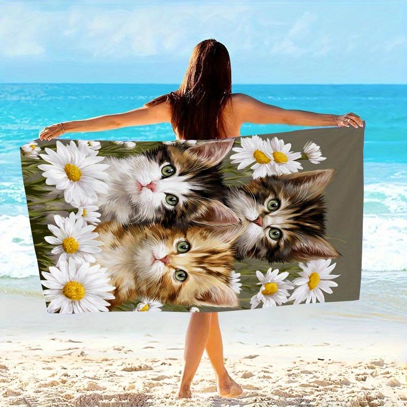 1pz Asciugamano da Spiaggia per Gatti Morbido Tessuto in Microfibra Asciugamani da Bagno Unisex Asciugamano Sovradimensionato con Gattini Giocosi e Margherita Ideale per