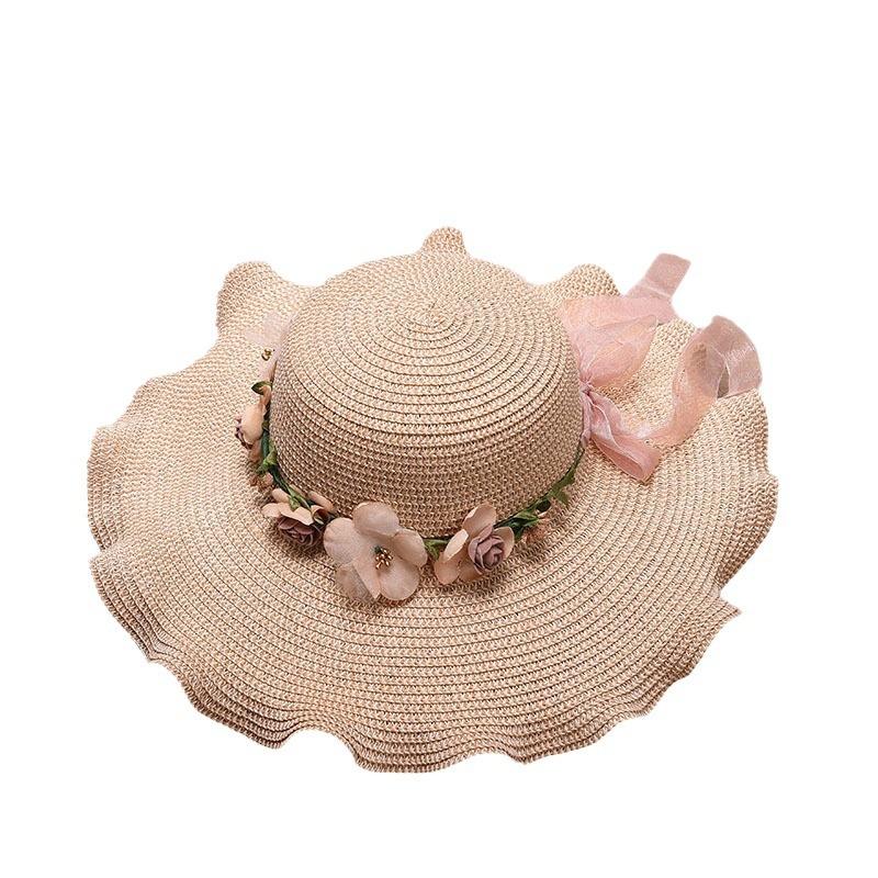 New Women's Hat with Large Waves and Flowers Beach Outdoor Sun Protection Straw Hat