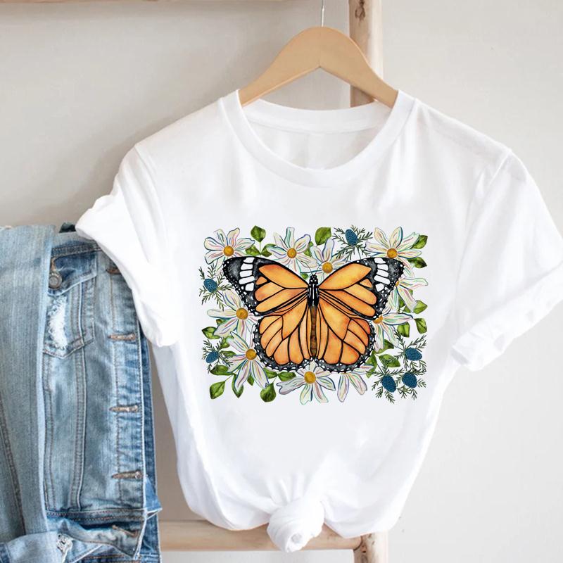 T-shirt Top Imprimé Libellule Fleur pour Femme Vêtement Mode d'Été T-shirt Décontracté Manches Courtes pour Dame Femme T-shirt Graphique