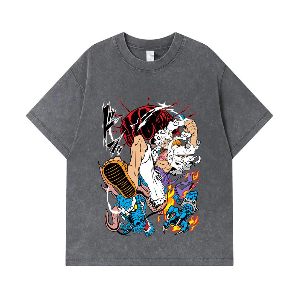 275 GSM Washed T-shirts 100% Cotton One Piece V7 Luffy Kaido Print Unisex Heavy Cotton T Shirt