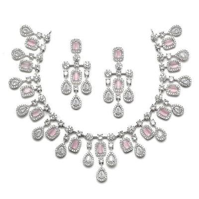 Rhodium-Plated Silver Toned Square Shaped American Diamond Studded Necklace with Earring Jewellery Set for Girls and Women