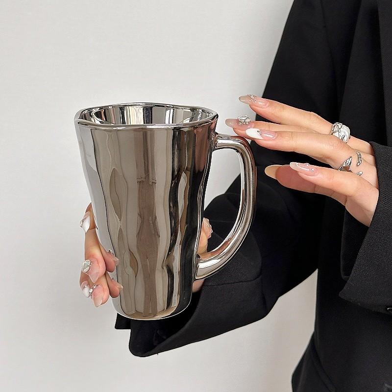 Creative Silver Mug With Handle Milk Cup Coffee Cup Modern Simple Universal Water Cups Drinkware Home Decoration Gift