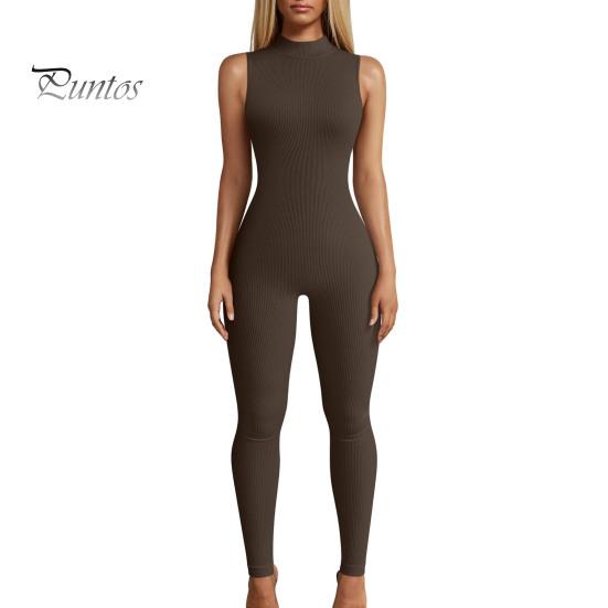 Women Sport Jumpsuit Solid Color Sleeveless Skinny Half-high Collar Elastic Soft Breathable Sweat Absorption Seamless Lady Daily Jumpsuit