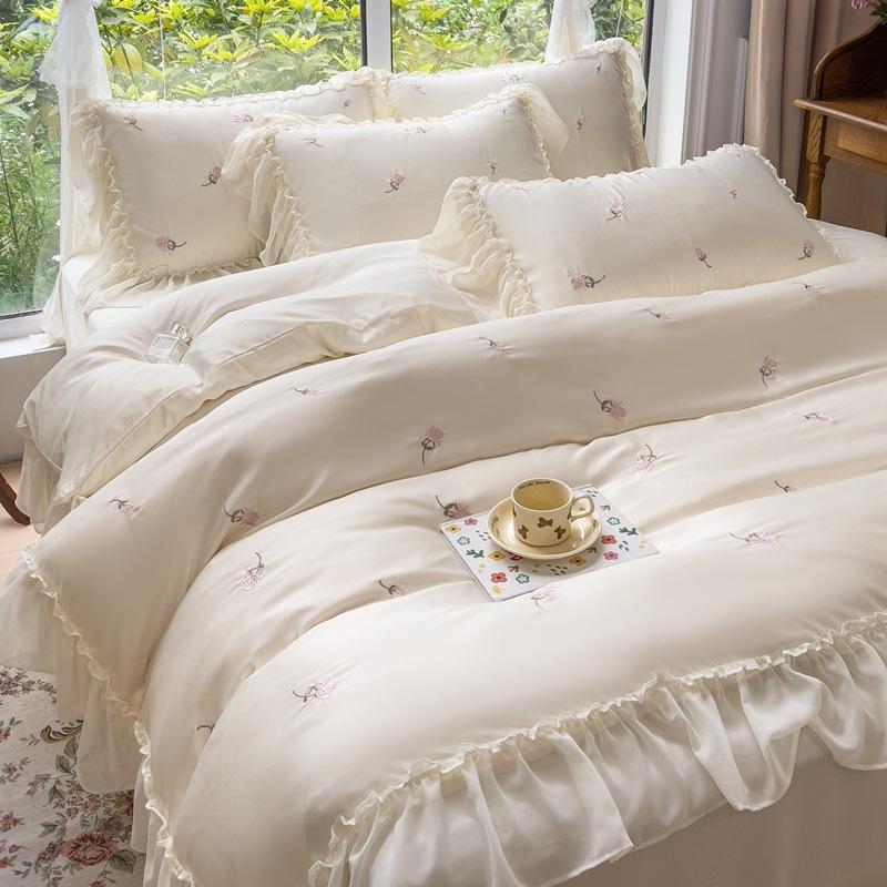 Tencel Bedding Four-piece Light Luxury French Princess Style Ice Silk Comfortable Silky Sheet Quilt Cover Pillowcase