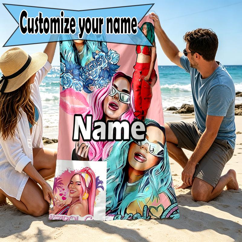 Custom Name Personalized Karol G Print Beach Towel, for Trip Camping Beach Party Home Decor, Birthday Gift for Family & Friends