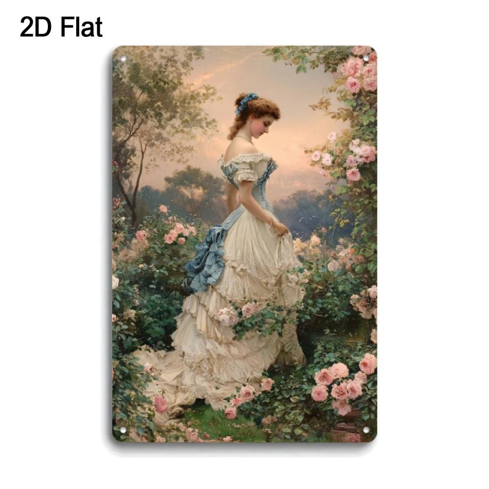 Vintage Victorian Lady in Rose Garden Oil Painting Style Metal Tin Sign 20x30cm（7.8x11.8inch）