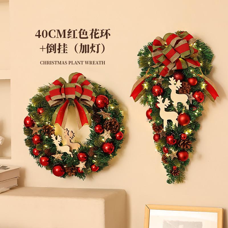 Handmade PVC Christmas Wreath Hanging Ornament Indoor Small Pine Needle Cones with Upside Rattan Bow Pendant Indoor Decorations