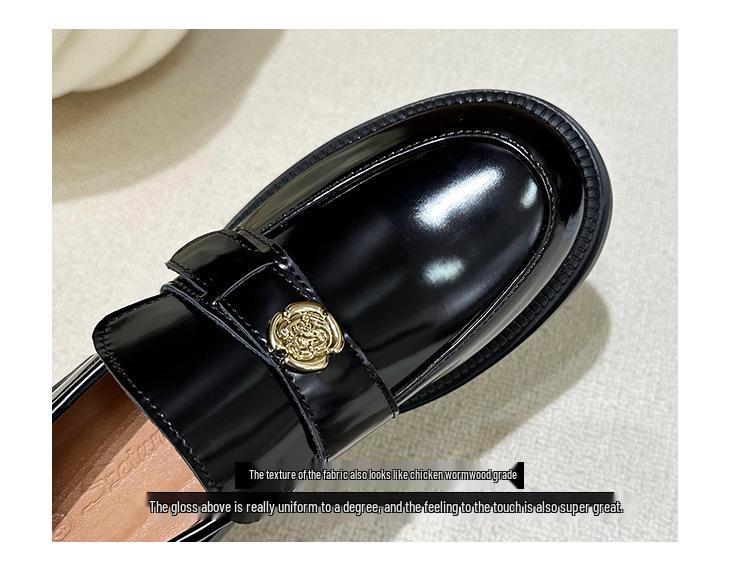 In Stock: Women's Patent Leather Camellia Small Gold Buckle Thick Sole Loafers, Non-Slip.