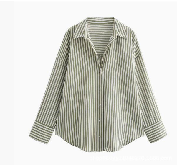 Spring & Autumn Women's European & American Style Striped Lapel Single-Breasted Loose Long Sleeve Shirt