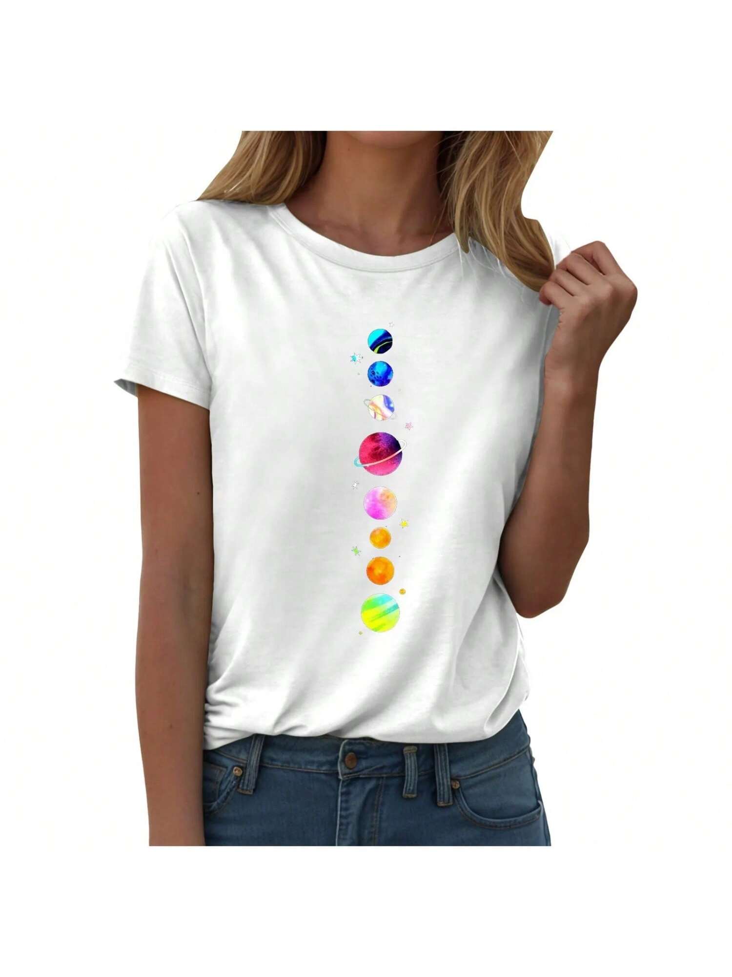 Wounisex Fashion Daily Printed Round Neck Short Sleeved T Shirt Solid Color Casual Loose Graphic Printed Short Sleeved Tops S разноцветный