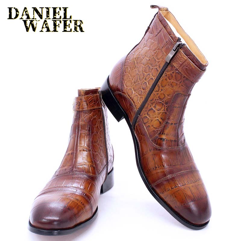 Fashion Luxury Ankle Boots Mens Dress Shoes Black Brown Blue Crocodile Print Genuine Leather Zip Buckle Wedding Office Chelsea Boots Men