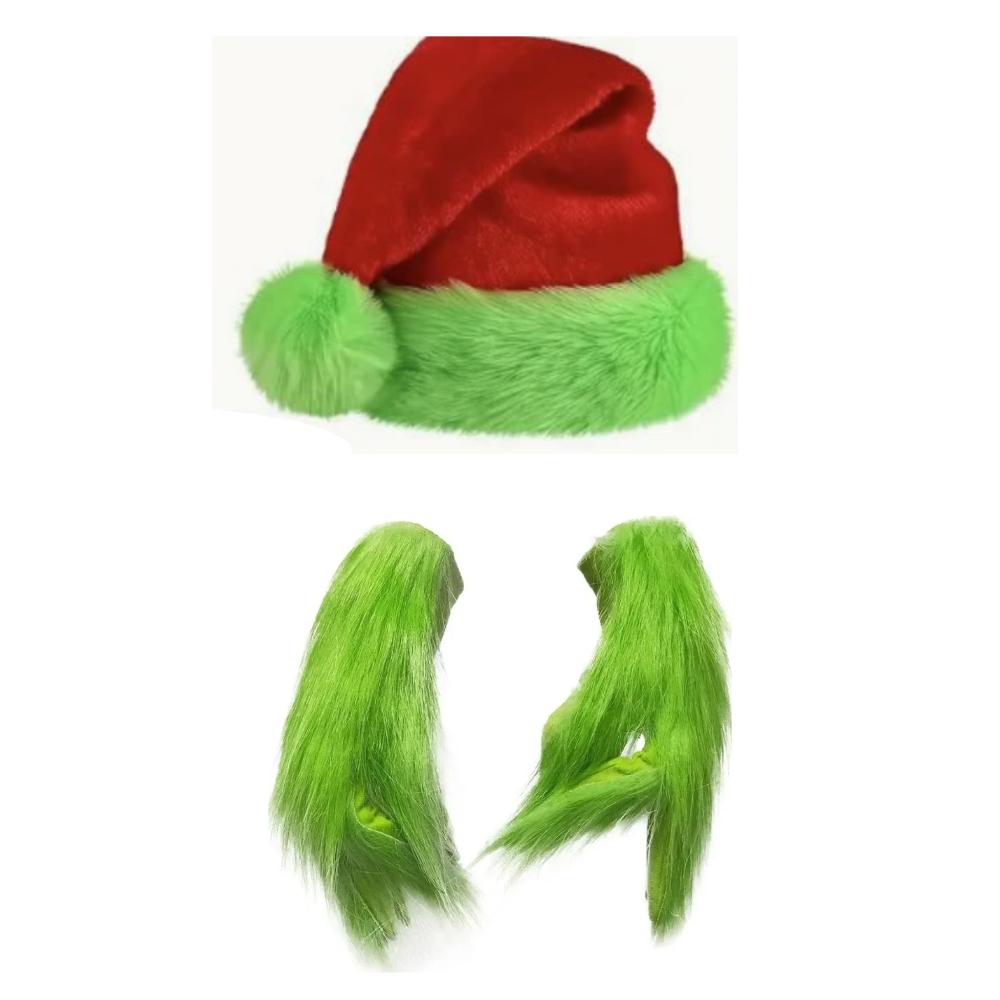Weihnachtsmütze Nikolausmütze mit grünen Pelzhandschuhen für Damen Herren Tier Teufel Weihnachten Grünes Monster Kostüm Partyzubehör