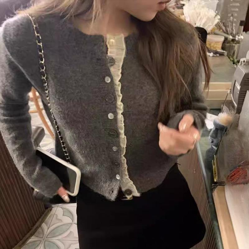 

Осень Зима Кружевная вставка Вязаный свитер Короткий кардиган куртка Свободный Круглый вырез Иностранный стиль Мода однотонные Свитера для женщин One Size