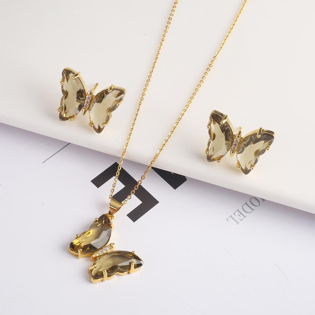 2PC Crystal Transparent Butterfly Pendant Necklace Earrings Jewelry Set Women's Luxury Gold Plated High Quality Gift