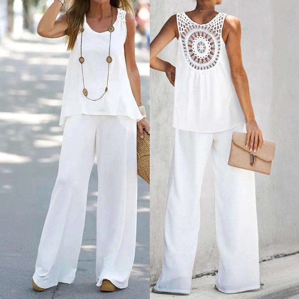 Women's O Neck Sleeveless Solid Back Cutout Tank Top Elastic Waist Wide Leg Long Pants 2 Piece Outfit Casual Daily Vacation Tracksuit Set