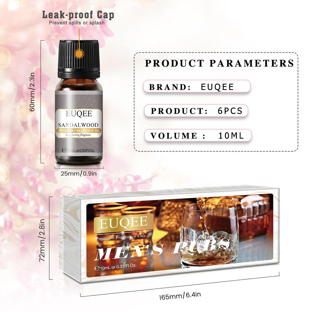 6Pcs EUQEE Fragrance Oils Gift Set Men's Pubs Essential Oils for Aromatherapy Skin Care Bath Massage Care Stress Reliever DIY Perfume