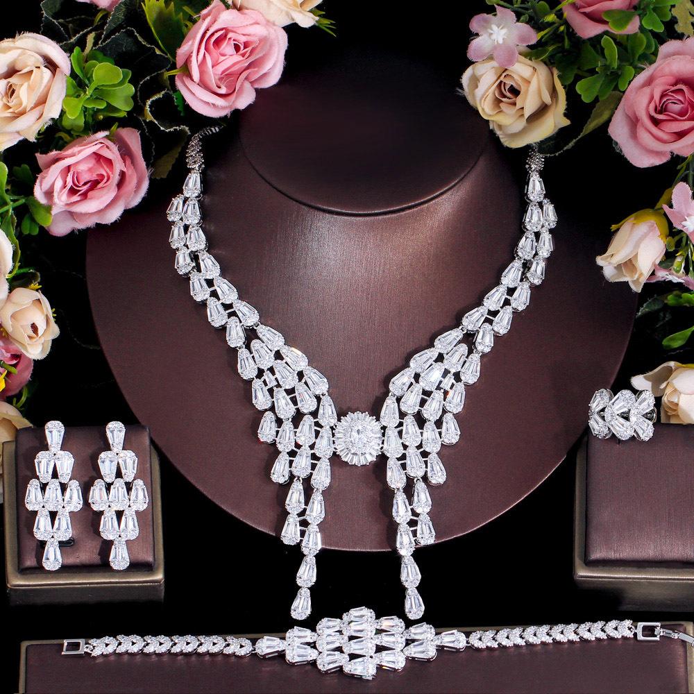 French Light Luxury Atmosphere Celebrity Style Full Diamond Set Chain Wedding Dress Accessories Necklace Earrings Bracelet Ring Set